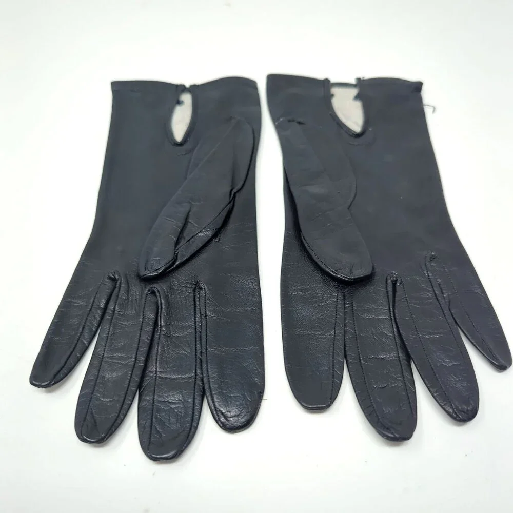 Vintage Antique Black Leather Gloves Wrist Rosettes